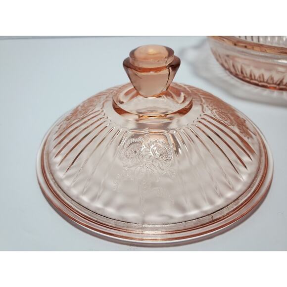 Vtg 1930s Anchor Hocking Rose Pink Depression Glass Mayfair Handled Covered Dish - Picture 4 of 10